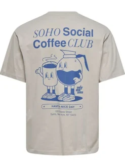 T-shirt en coton beige à imprimé café au dos avec un col rond