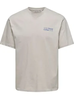 T-shirt en coton beige à imprimé café au dos avec un col rond