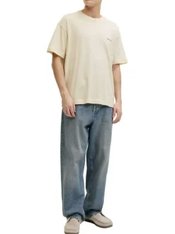 T-shirt en coton beige imprimé à coupe droite pourvu d'un col rond