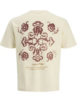 T-shirt en coton beige imprimé à coupe droite pourvu d'un col rond