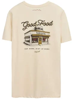 T-shirt en coton beige imprimé hamburger au dos et à la poitrine à col rond