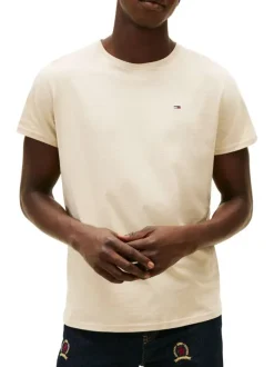 T-shirt en coton beige uni avec une coupe droite et un col rond