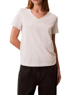 T-shirt en coton beige uni avec une coupe droite et un col v