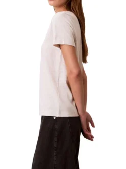 T-shirt en coton beige uni avec une coupe droite et un col v