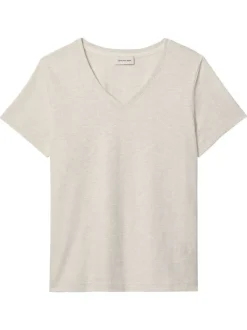 T-shirt en coton beige uni avec une coupe droite et un col v