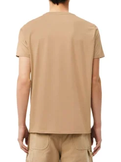 T-shirt en coton beige uni avec une coupe droite un col rond et à logo brodé