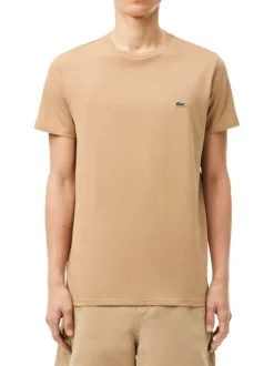T-shirt en coton beige uni avec une coupe droite un col rond et à logo brodé