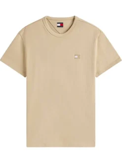 T-shirt en coton beige uni à col rond avec le logo brodé en petit