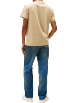 T-shirt en coton beige uni à col rond avec le logo brodé en petit