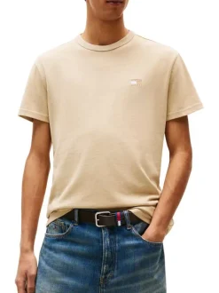 T-shirt en coton beige uni à col rond avec le logo brodé en petit