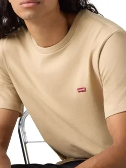 T-shirt en coton beige uni à col rond avec le logo brodé en petit à la poitrine