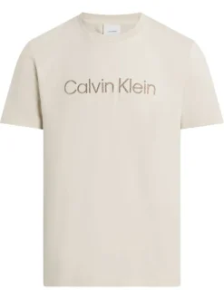 T-shirt en coton beige uni à coupe droite avec le nom de la marque imprimé