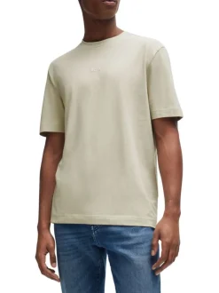 T-shirt en coton beige uni à coupe droite et à col rond avec le nom de la marque