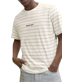 T-shirt en coton biologique beige à rayures pourvu d'un col rond