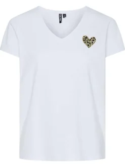 T-shirt en coton biologique blanc avec un coeur motif léopard sur la poitrine