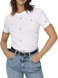 T-shirt en coton biologique blanc à cerises avec une coupe droite et un col rond