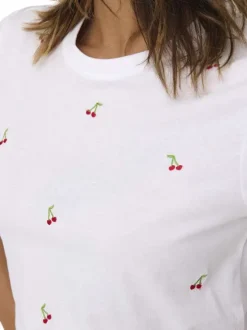 T-shirt en coton biologique blanc à cerises avec une coupe droite et un col rond