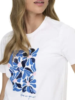 T-shirt en coton biologique blanc floral coupe droite col rond