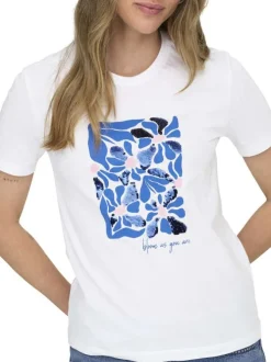 T-shirt en coton biologique blanc floral coupe droite col rond