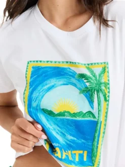 T-shirt en coton biologique blanc imprimé avec une coupe droite et un col rond