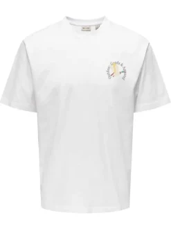 T-shirt en coton biologique blanc à imprimé avec une coupe droite et un col rond