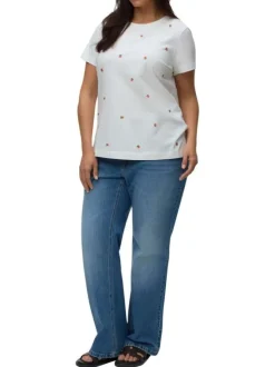 T-shirt en coton biologique blanc à motifs pourvu d'un col rond