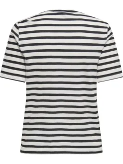 T-shirt en coton biologique blanc rayé avec une coupe droite et un col rond
