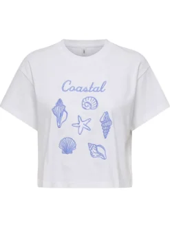 T-shirt en coton biologique blanc uni avec des coquillages brodés