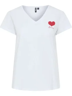 T-shirt en coton biologique blanc uni à col v avec un cœur imprimé à la poitrine
