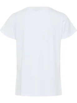 T-shirt en coton biologique blanc uni à col v avec une écriture pailletée