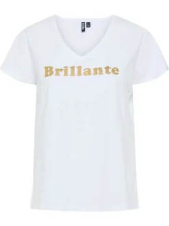 T-shirt en coton biologique blanc uni à col v avec une écriture pailletée