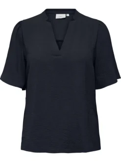 T-shirt en coton biologique bleu foncé coupe ajustée pourvu d'un col v
