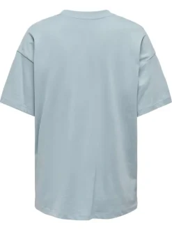 T-shirt en coton biologique bleu imprimé avec une coupe droite à col rond