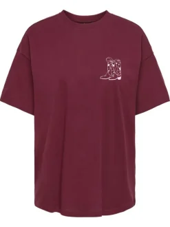 T-shirt en coton biologique bordeaux imprimé avec une coupe droite