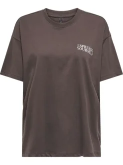 T-shirt en coton biologique brun imprimé avec une coupe droite et un col rond