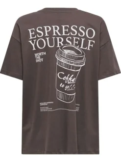 T-shirt en coton biologique brun imprimé avec une coupe droite et un col rond