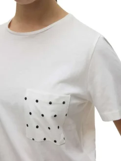 T-shirt en coton biologique écru uni avec un col rond et une poche à pois