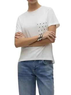 T-shirt en coton biologique écru uni avec un col rond et une poche à pois