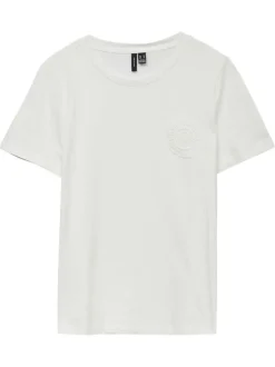 T-shirt en coton biologique écru uni à coupe droite, col rond et dentelle