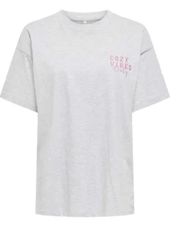 T-shirt en coton biologique gris imprimé avec un col rond à coupe droite