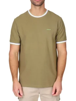 T-shirt en coton biologique kaki uni avec une coupe droite et un col rond