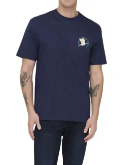 T-shirt en coton biologique marine à imprimé avec une coupe droite