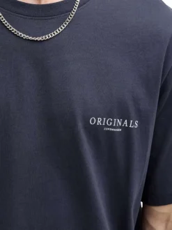 T-shirt en coton biologique marine imprimé à coupe droite pourvu d'un col rond