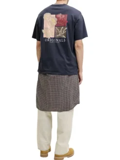 T-shirt en coton biologique marine imprimé à coupe droite pourvu d'un col rond