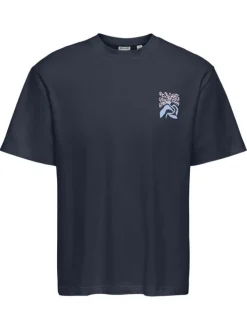 T-shirt en coton biologique marine uni pourvu d'un imprimé fleur