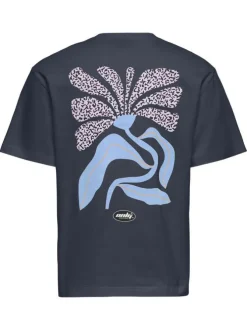 T-shirt en coton biologique marine uni pourvu d'un imprimé fleur
