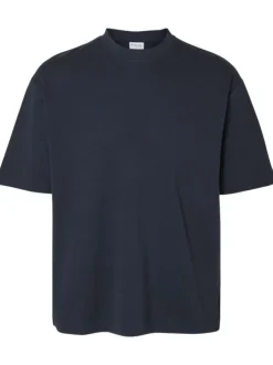 T-shirt en coton biologique mélangé marine uni à coupe droite et col rond