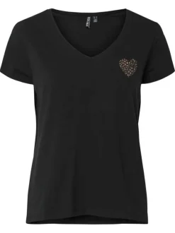 T-shirt en coton biologique noir avec un coeur motif léopard sur la poitrine
