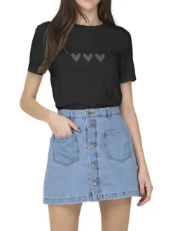 T-shirt en coton biologique noir uni avec des strass et un col rond