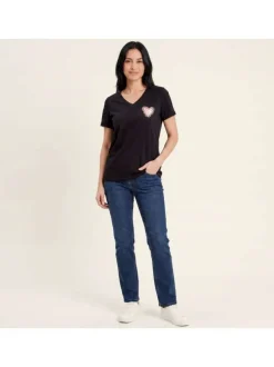 T-shirt en coton biologique noir uni pourvu d'un coeur imprimé sur la poitrine